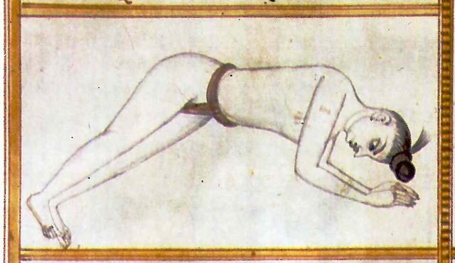A 19th-century Mysore palace illustration of a yoga posture from the Sritattvanidhi